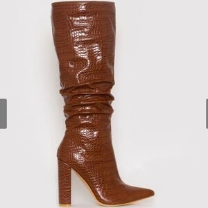 SIMMI London Dakota Tan Croc Print Ruched Knee Boots. Size 6